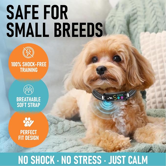 No Shock Bark Collar for Small Dogs 8-40 lbs - Beep & Vibration, Smart Screen, 5 Sensitivity, Anti-False Trigger, Magnetic Rechargeable, IP67 Waterproof, Black/Black