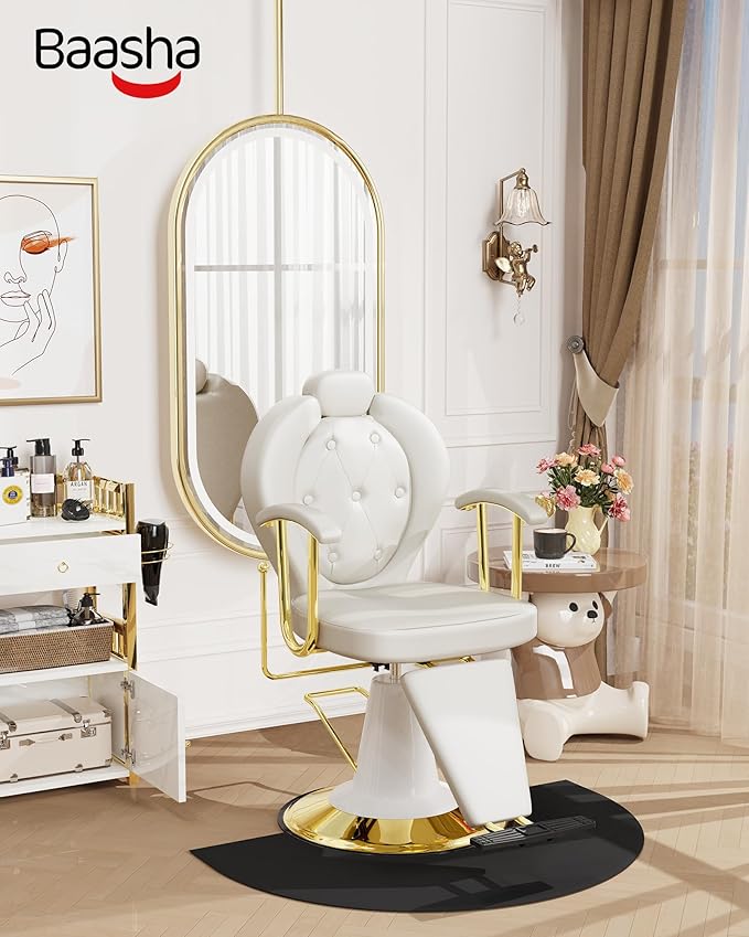 Baasha Cream Reclining Salon Chair for Hair Stylist, All-Purpose Hydraulic Barber Chair, 360° Swivel Styling Seat, Adjustable Headrest, 440 lbs Capacity