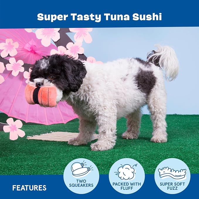 BarkBox Super Tasty Tuna Sushi Dog Toy - for Small to Medium Dogs | Plush Nigiri Toy with 2 Squeakers, Super Soft Fuzz & Fluffy Filling