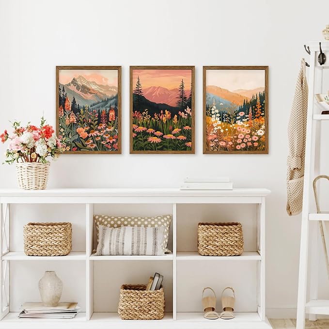 WRFON Botanical and Flower Canvas Wall Art, Framed Mountain Landscape Wall Art Set of 3, Wildflower Meadow Canvas Print, Rustic Nature Decor for Living Room Bedroom Cabin Lodge Farmhouse Decor, 12x16