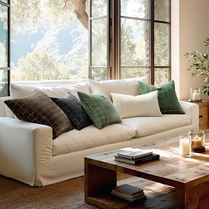 MIULEE Sage Plaid Decorative Throw Pillow Covers 20x20 Set of 2 | Vintage, Check Chenille Couch Pillows, Neutral Boho Farmhouse Cushion Covers, Modern Home Decor for Sofa Bed Living Room