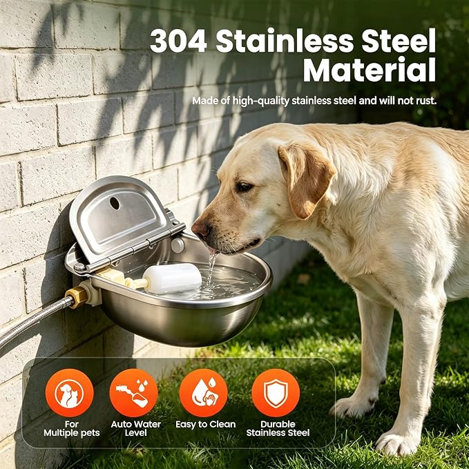 Automatic Dog Water Bowl Dispenser 304 Stainless Steel Dog Waterer | Wall Mounted, Metal Outdoor Heavy Duty Auto Self Filling Animal Water Feeder for Dogs Cats, with Float Valve and Drain Plug