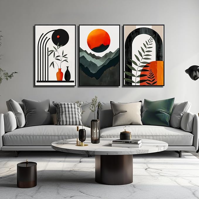 Framed Boho Wall Art for Living Room, Bohemian Canvas Wall-Decor for Bedroom, Mountian Moon and Geometric Shapes Picture Prints, Size 24 x 36 Inches 3-Pieces