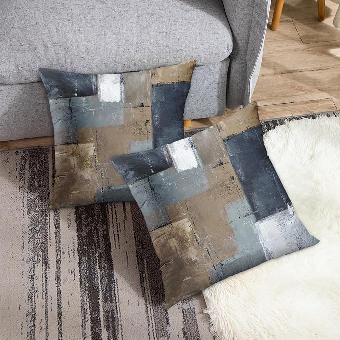 Emvency Throw Pillow Covers Set of 2, 18 x 18 Inch, Abstract Brown Navy | Blue Painting Outdoor Decorative Square Pillow Cases Couch Cushion Case for Couch Bed Sofa Living Room Home Decor