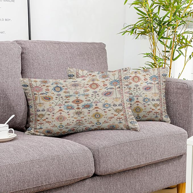 Boho Throw Pillow Covers 12x20 inch Set of 2,Soft Pillowcases Bohemia Carpet Printing Pattern Decorative Sofa Living Room Bed Rectangle Pillow Case Cushion Cover-Flower