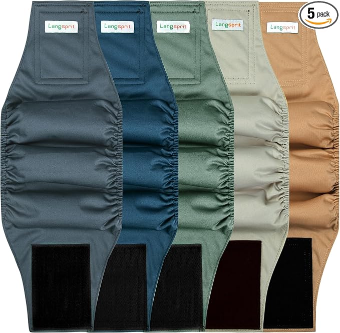 Langsprit Small Male Dog Diapers for Doggie Puppy,Reusable Belly Bands for Male Dogs Wraps,Washable Doggy Dog Diapers Medium Large in Incontinence 5 Pack (Dark Color, Medium)