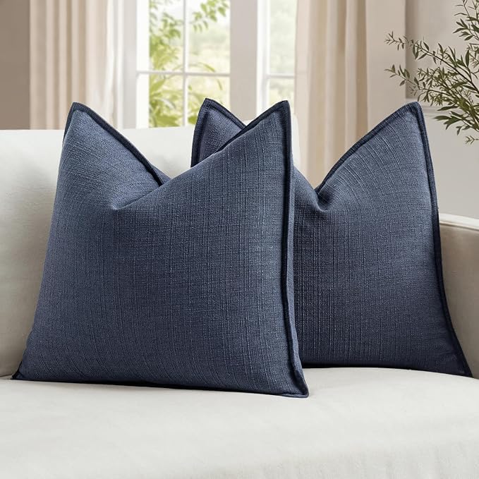 MIULEE Thick Textured Navy Blue Euro Sham Throw Pillow Covers 26x26 Inch | Set of 2, Decorative Linen Blend Pillow Cover, Flange Edge Design, Farmhouse Modern Boho Style, Bed Couch Living Room Decor