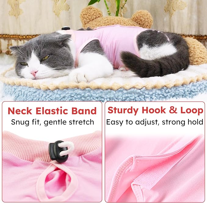Hpetppy Cat Recovery Suit After Surgery, Breathable Cat Surgery Recovery Suit for Spay Abdominal Wounds or Skin Diseases, E-Collar Alternative Wear for Small Male Female Pets (Pink,L)