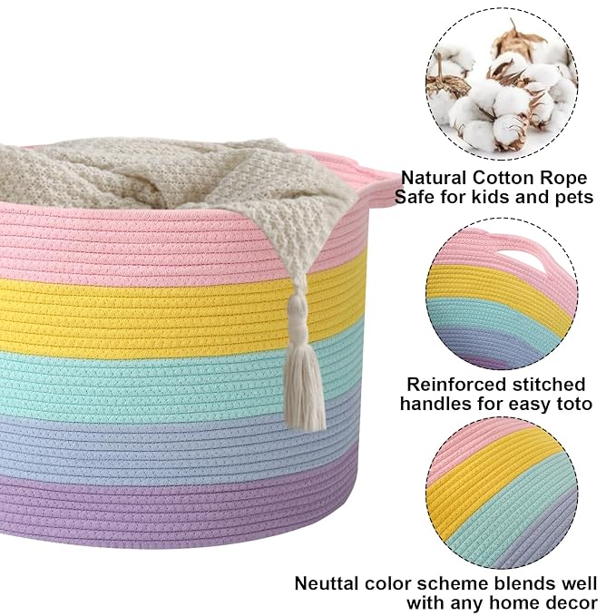 90L Large Blanket Basket,Rope Woven Laundry Basket-Colorful | Collapsible, reinforced handles, nursery storage bin organizes clothes, toys and pillows for living room, bedroom bathroom