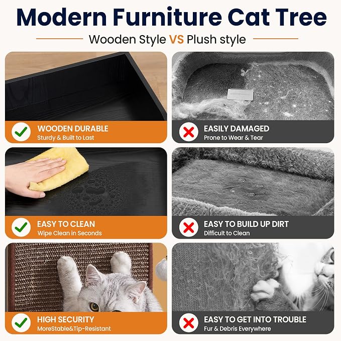 Modern Wood Cat Tree Tower for Indoor Large Adult Cats with Big Perch Bed | 33.8in Tall Wooden Cat Trees with Platform, Cat Scratching Pads, Washable Cushions, Cat Furniture for Window, Rustic Black
