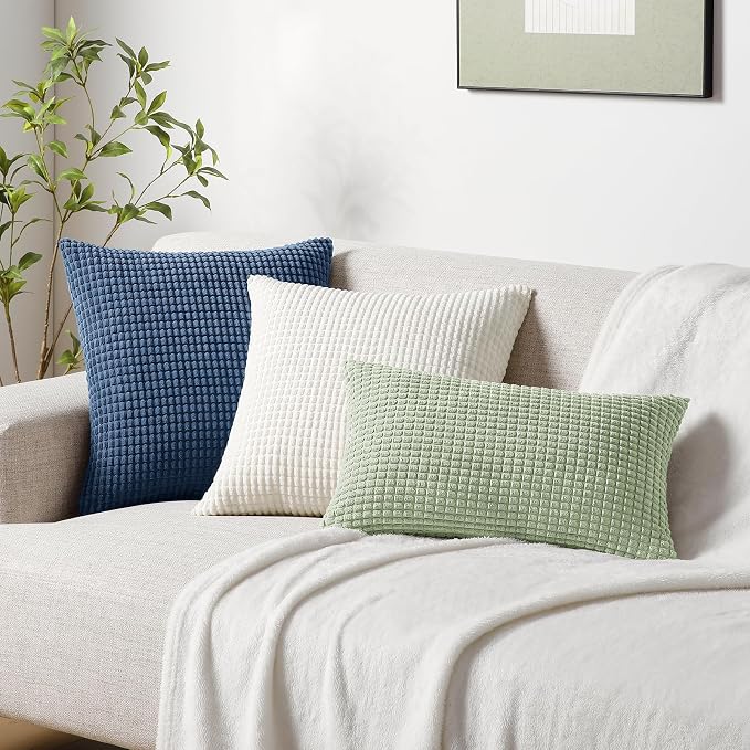 Softalker Corduroy Decorative Throw Pillow Covers 18x18, 2 Pack, Navy Blue | Soft Boho Striped Pillow Cases, Couch Fluffy Cushion Covers for Farmhouse Home Decor Bed Living Room