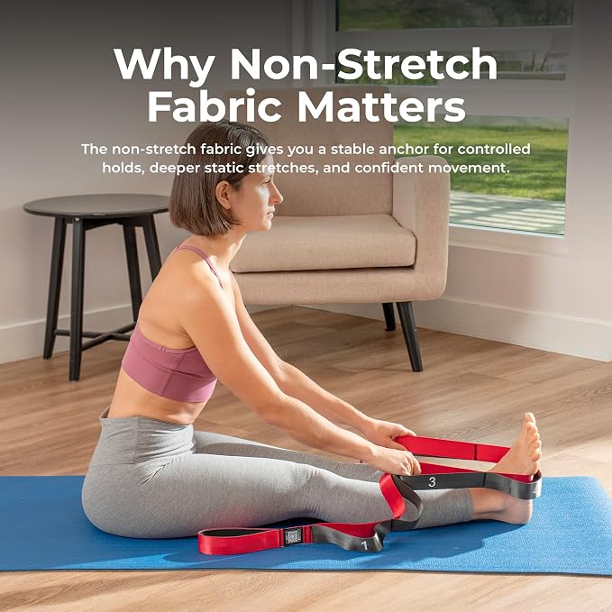 Sunny Health & Fitness Premium Yoga Stretch Strap with 8 Individual Grip Loops - 75" x 1.5" Durable Polyester Stretching Strap for Flexibility, Physical Therapy, Pilates, and Full Body Workouts