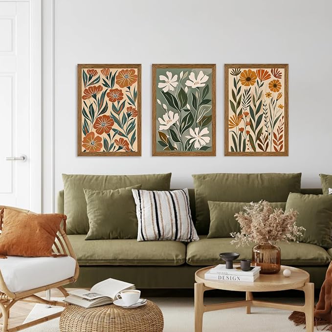 Urmoya 3 Pieces Boho Floral Decor Flower Market Wall Art, 16x24 Inch | Wood framed, Chic green and beige botanical trio, Ready to hang, for living room, Office, or guest bedroom home decor