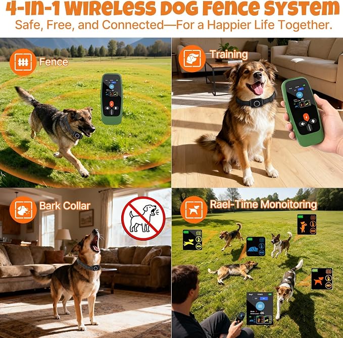 Fsitego Wireless Dog Fence System, 4‑in‑1 Electric Fence with Training Collar, Remote Control, Bark Control & Status Monitor, Waterproof Receiver for Medium & Large Dogs Outdoor Containment Vine 1