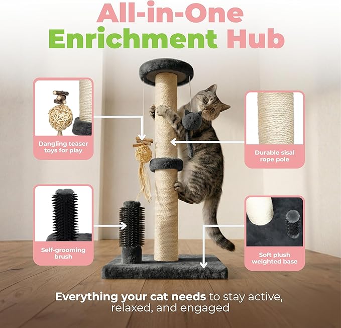 Best Pet Supplies Catify Cat Scratching Post - Gray H: 33" | 15" x 15" x 33", Interactive Cat Pole, Built-In Toys, Durable Sisal, Furniture Protector, For Indoor Kittens and Cats