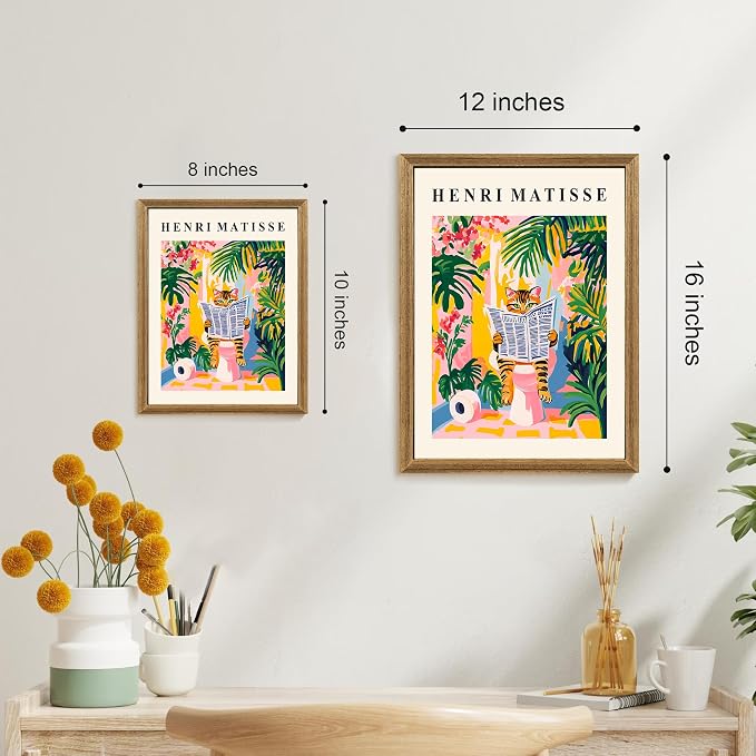 ICHZUMW Framed Funny Tabby Cat Matisse Canvas Bathroom Wall Art, 8x10 In | Humorous Cat Reading on Toilet, Girly Pink Dopamine Bathroom Wall Decor, Restroom Powder Room, Fade Resistant, Ready to Hang