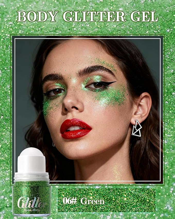 Roll-on face Body Glitter Gel, Holographic Green Long Lasting Body Glitter Gel for Face Hair, Mermaid Makeup Chameleon Shimmer Sequins, Christmas Festival Party Rave Accessories for Women Gifts-06