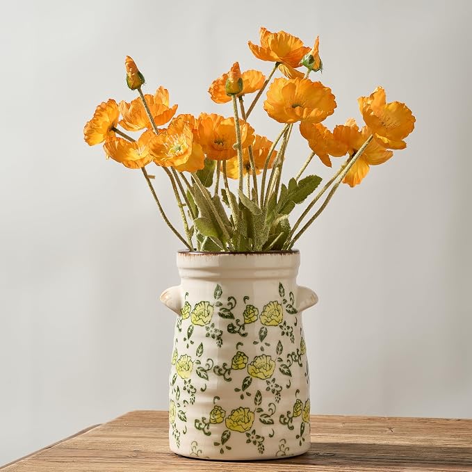 SIDUCAL Ceramic Rustic Vase with 2-Ear, 7.6 Inch Ice Cracked Vintage Pastoral Vase, Rustic Farmhouse Vases for Home Decor, Table, Living Room, Shelf Decor, Chinoiserie Decor, Yellow Rose Pattern