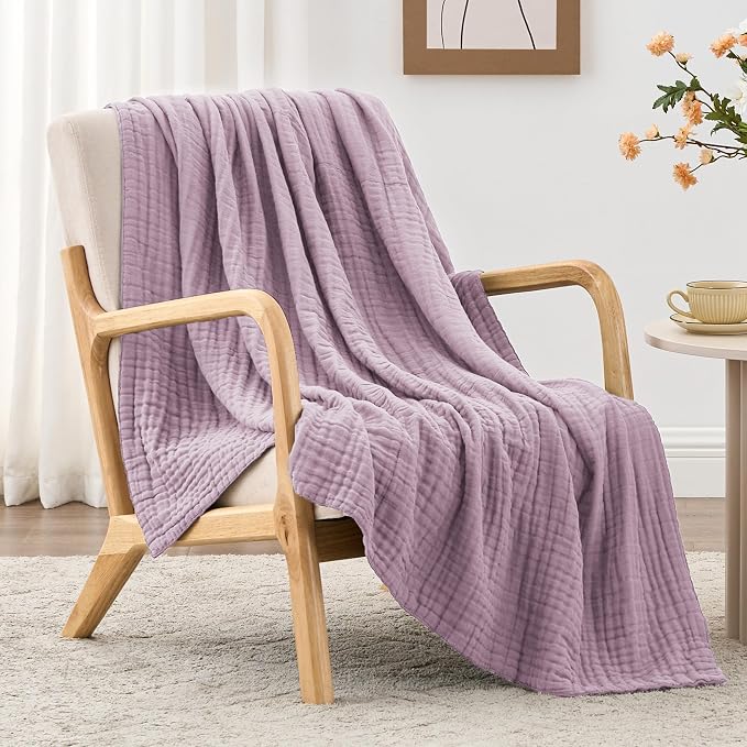 Love's cabin 100% Cotton Muslin Blanket, 6 Layer Lightweight Breathable Gauze Large Throw Blanket 50 x 70 Inches, Soft Cooling All Season Blanket for Couch or Sofa, Lavender