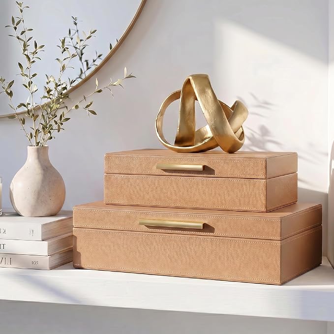 ZICOTO Decorative Storage Boxes with Lids – Set of 2 Beautiful PU Leather Organizer Bins for Your Bookshelf Home Decor - Safely Store Photos, Documents and Memory Box Keepsakes in Style