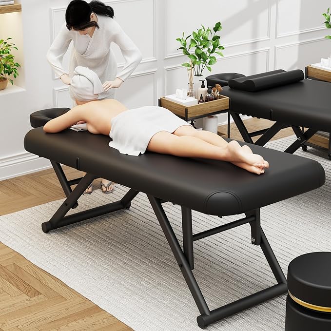 pouseayar Adjustable Massage Table with Face Pillow & Headrest, Sturdy and Solid, Silent and Easy to Adjust - Adjustable Backrest, Black