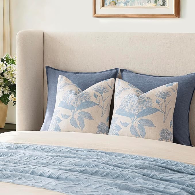 Foindtower Set of 2 Linen Floral Vintage Throw Pillow Covers Neutral Accent Decorative Cozy Cushion Covers Farmhouse Boho Home Decor for Sofa Chair Couch Bedroom Living Room,24×24 Inch,Sky Blue