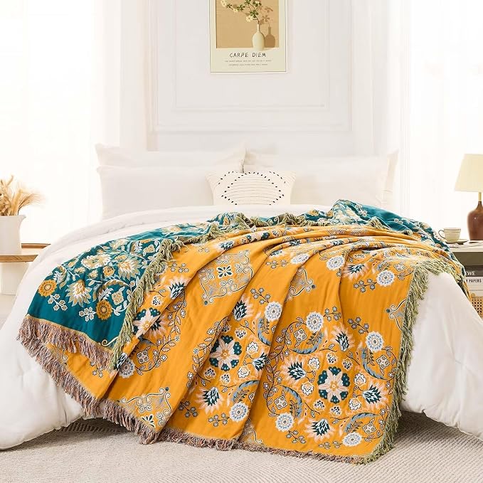 XIBLC Boho Throw Blanket, 100% Cotton Ultra Soft Luxury Throw Rustic Quilt, Floral Printed Farmhouse Decor Bed Summer Blankets, All Season Rustic Reversible Bohemian Throw for Bed (90"x98" Yellow