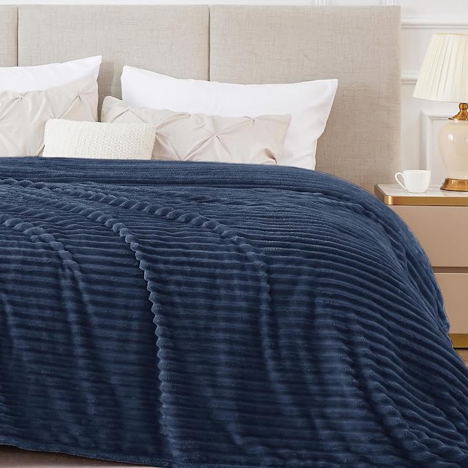 BEDELITE 3D Ribbed Jacquard Navy King Size Blankets for Bed, 108x90 Inch | Soft Warm Decorative Fluffy Blanket, Cozy Fuzzy Lightweight Plush Fleece Throw Blankets for Bed, Room Decor, Gift for Women