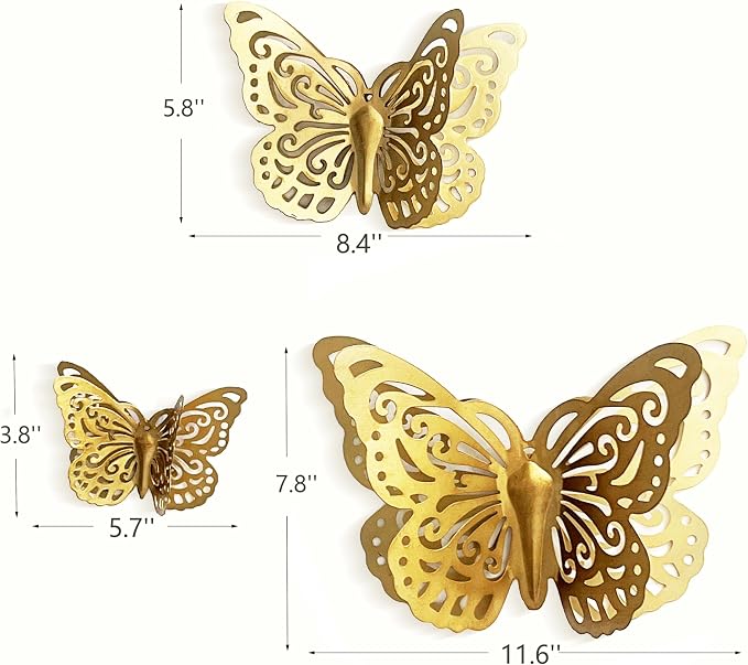Remenna Gold Finish Metal Butterflies Wall Art Set of 3 Metal Wall Decor Butterfly Hanging Decor for Bedroom Bathroom Living Room Garden Kitchen