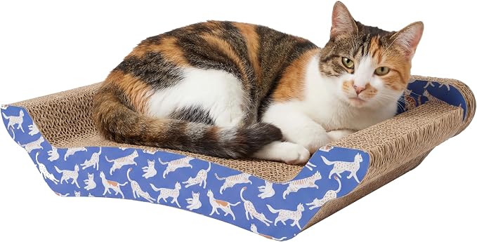 Kitty City Corrugate Sofa Lounger Cat Scratcher - Couch Bed Scratch Pad, Horizontal Nail File Scratch Mat for Indoor Cats, Sturdy Construction Cat Toy - Orange Kitty Pattern, 17” x 9.5”