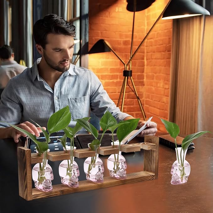 Plant Terrarium Propagation Stations Halloween Skull Planter Vase Skulls | decor With Wooden Stand Gife for Father - 5 Vases
