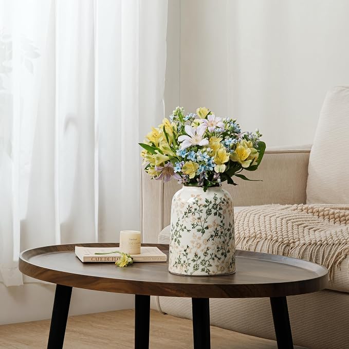 Ceramic Flower Vase for Home Decor, Vintage Green Farmhouse Vase 8 Inch | Rustic Farmhouse Floral Vase for Entryway, Mantel, Coffee Table, Living Room, Kitchen, Bookshelf, Wedding Centerpiece