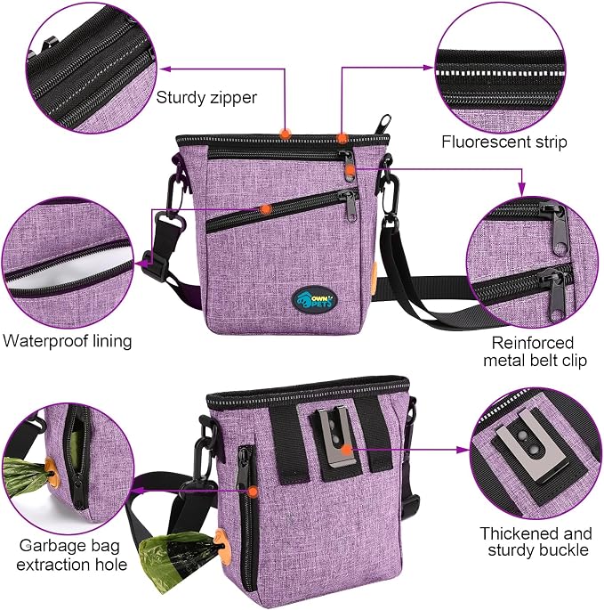 Ownpets Dog Training Pouch with Silicone Liner, Pet Treat Training Pouch with Collapsible Bowl, Shoulder Strap & Waist Strap, 4 Ways to Wear, Walking Fanny Pack for Dog Training - Purple