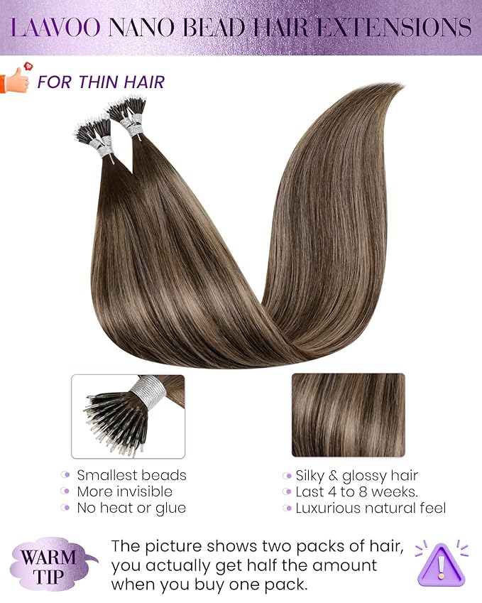 LaaVoo Nano Bead Hair Extensions Human Hair Balayage Brown to Ash Blonde Nano Hair Extensions Human Hair 22 Inch 50g 50s