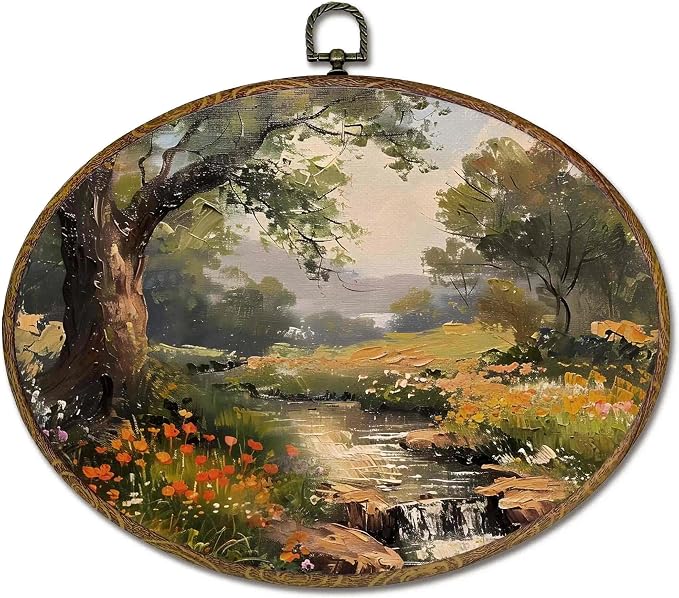 LKETW Vintage Rustic Cottagecore Oval Wall Art Decor, Farmhouse Cottage Oval Canvas Hanging Decor, Country Floral Botanical Landscape Wall Decorations for Home Bedroom Living Room, 11.4x8.6 Inch