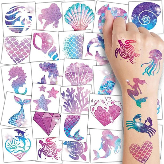 Glitter Mermaid Temporary Tattoos for Kids - 74 Individually Sheets Glitter Tattoos for Kids Mermaid Birthday Decorations