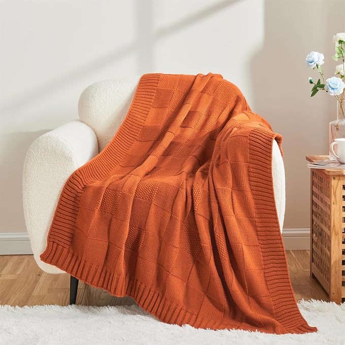 CozeCube Rust Orange Knitted Checkered Throw Blanket 60"X80" | Check Knit Throw for Couch, Decorative Christmas Soft Cozy Warm Blanket for Bed Sofa Living Room