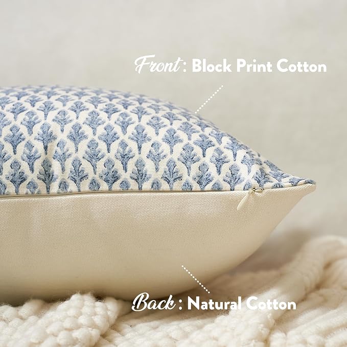FIOUOVO Floral Pillow Covers 20x20 Pillow Cover Block Print Couch Pillows for Living Room Decorative Neutral Accent Throw Pillow Covers, 1PC, Aqua Blue
