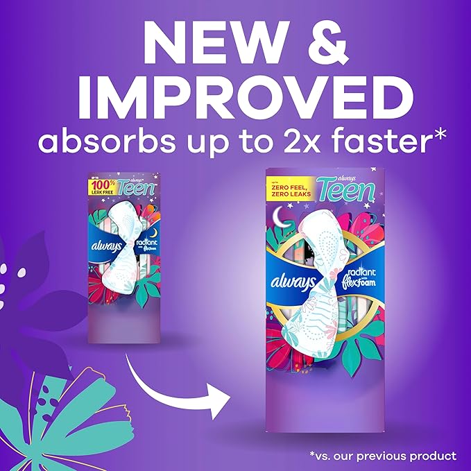 Always Radiant Teen with FlexFoam Pads, Size 4, Overnight Absorbency, with Wings, Unscented, Up to Zero leaks, Zero Feel Protection, 18 Count