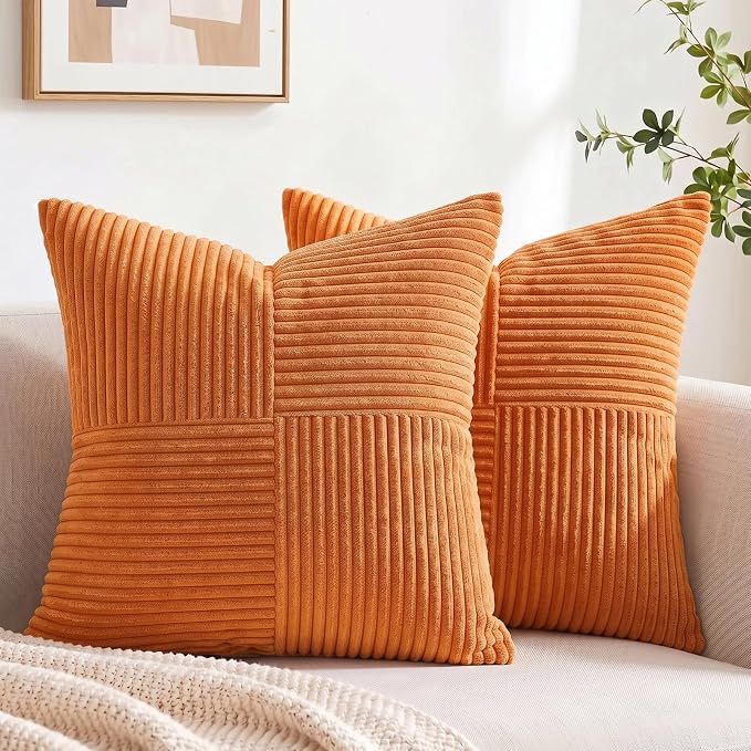 Fancy Homi 2 Packs Burnt Orange Samll Fall Decorative Throw Pillow Covers 12x12 Inch with for Couch Bed Sofa, Farmhouse Boho Home Decor, Soft Corss Patchwork Corduroy Square Cushion Case 30x30 cm