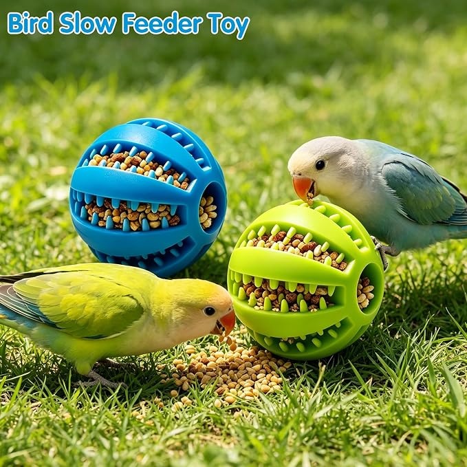 2Pcs Parrot Foraging Toys Bird Chew Balls, Interactive Feeder Treat Dispenser for Small Medium Birds Conure Parakeet Cockatiel, Long-Lasting Plastic Hanging Bell (Green & Blue)