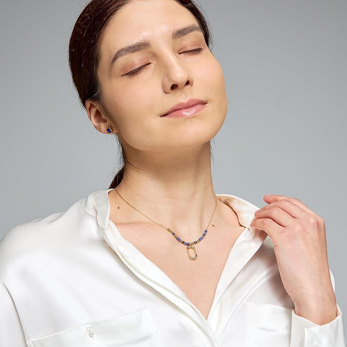 14K Gold Plated Natural Lapis Lazuli Necklace & Earrings Set, Waterproof PVD Stainless Steel Healing Crystal Gemstone Dainty Beaded Chain, Non Tarnish Spiritual Jewelry Gift for Women