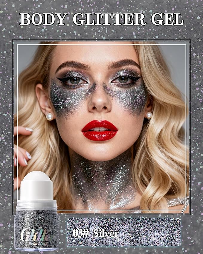 Roll-on face Body Glitter Gel, Holographic Silver Long Lasting Body Glitter Gel for Face Hair, Mermaid Makeup Chameleon Shimmer Sequins, Christmas Festival Party Rave Accessories for Women Gifts-03