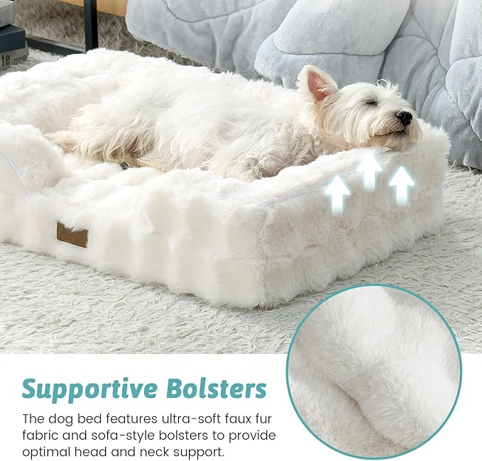 COZY KISS Faux Fur Orthopedic Dog Bed Washable for Large Dogs, L Sized | Soft Warm Pet Sofa with Sides or Bolster, Non-Slip and Big Dog Couch with Removable Waterproof Cover, 36x27 inch, Beige