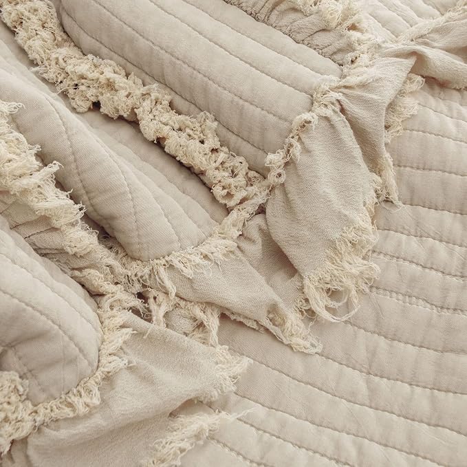 Ultra Soft Pre-Washed Quilted Boho Beige King Size Blankets for Bed, Ruffle Fringed Decorative Throw, Stone Washed Chic Rustic Blanket for Sofa Couch Bed, 104"*90"
