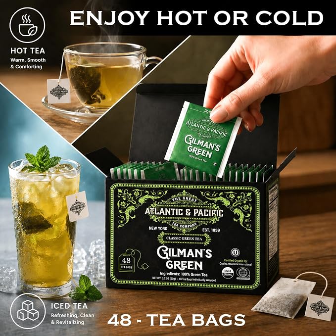 A&P Coffee Gilman’s Organic Green Tea Bags, 48 Count, Smooth Flavor Green Tea, Naturally Caffeinated, Rich in Antioxidants, Fresh Aroma, Premium Green Tea, Hot or Iced Tea