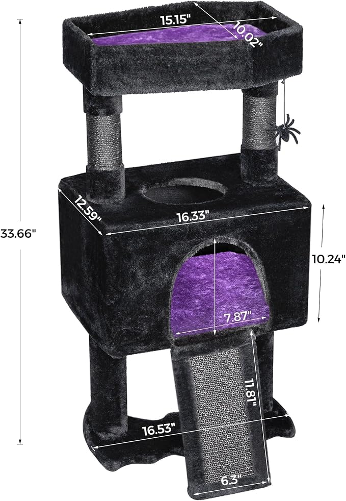 BEWISHOME Cat Tree Tower for Indoor Cats, Gothic Cat Trees with Coffin Bed | Cat Condo Cat House with Scratching Board, Cat Shelves with Spider Toy, Pet Play Activity Center Black with Purple, MMJ95Z