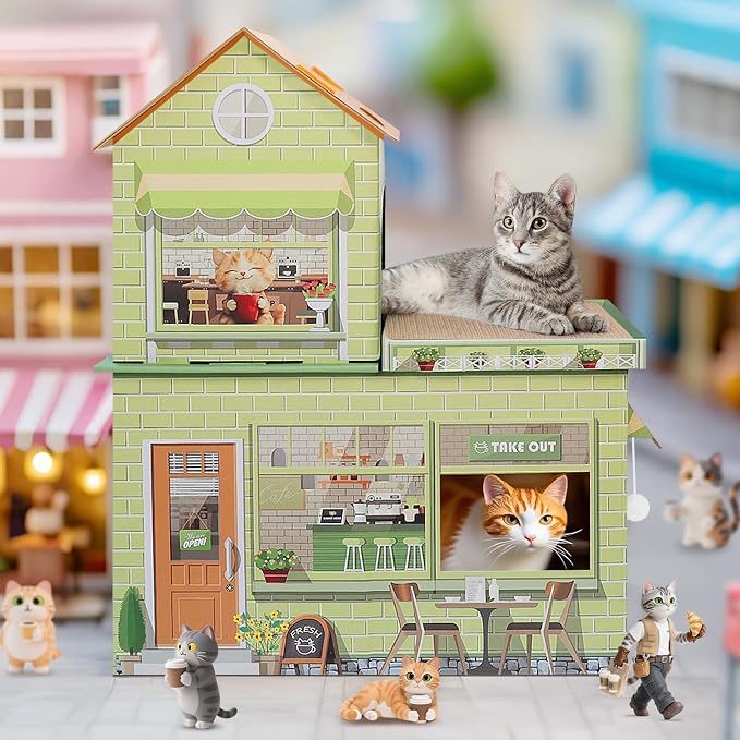 Cardboard Cat Houses for Indoor Cats Kitten Scratcher Houses Cafe Themed | Cat Condos Hut Hideout Play House Bed with Scratching Pads, Scratch Box for Large Kitty Rabbit Bunny Small Animals