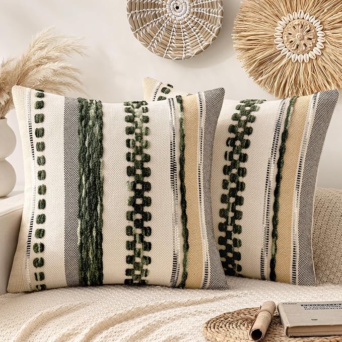 ANRODUO Boho Decorative Pillow Covers 20x20 Dark Green Stripe Pack of 2 | Throw Pillow Covers, Farmhouse Cushion Case, Chenille Pillow Cases, Pillow Covers, Accent Neutral Pillowcase for Sofa Couch