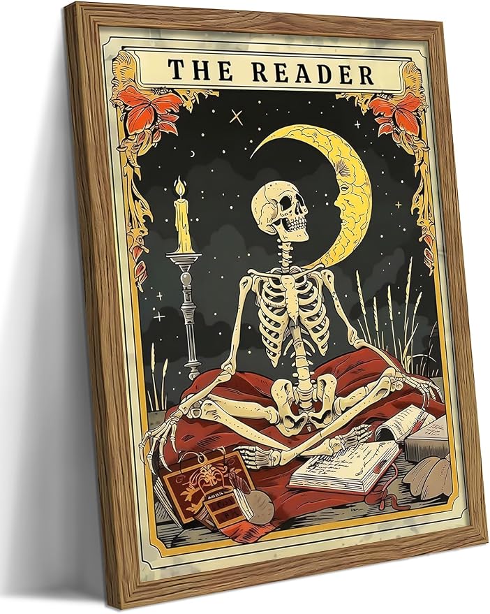 Framed The Reader Tarot Canvas Wall Art, Skeleton Reader Tarot Card Pictures Wall Decor, Bookish Witchy Library Poster Print Artwork for Witchy Reading Nook Book Lover Gift 16x24 inch
